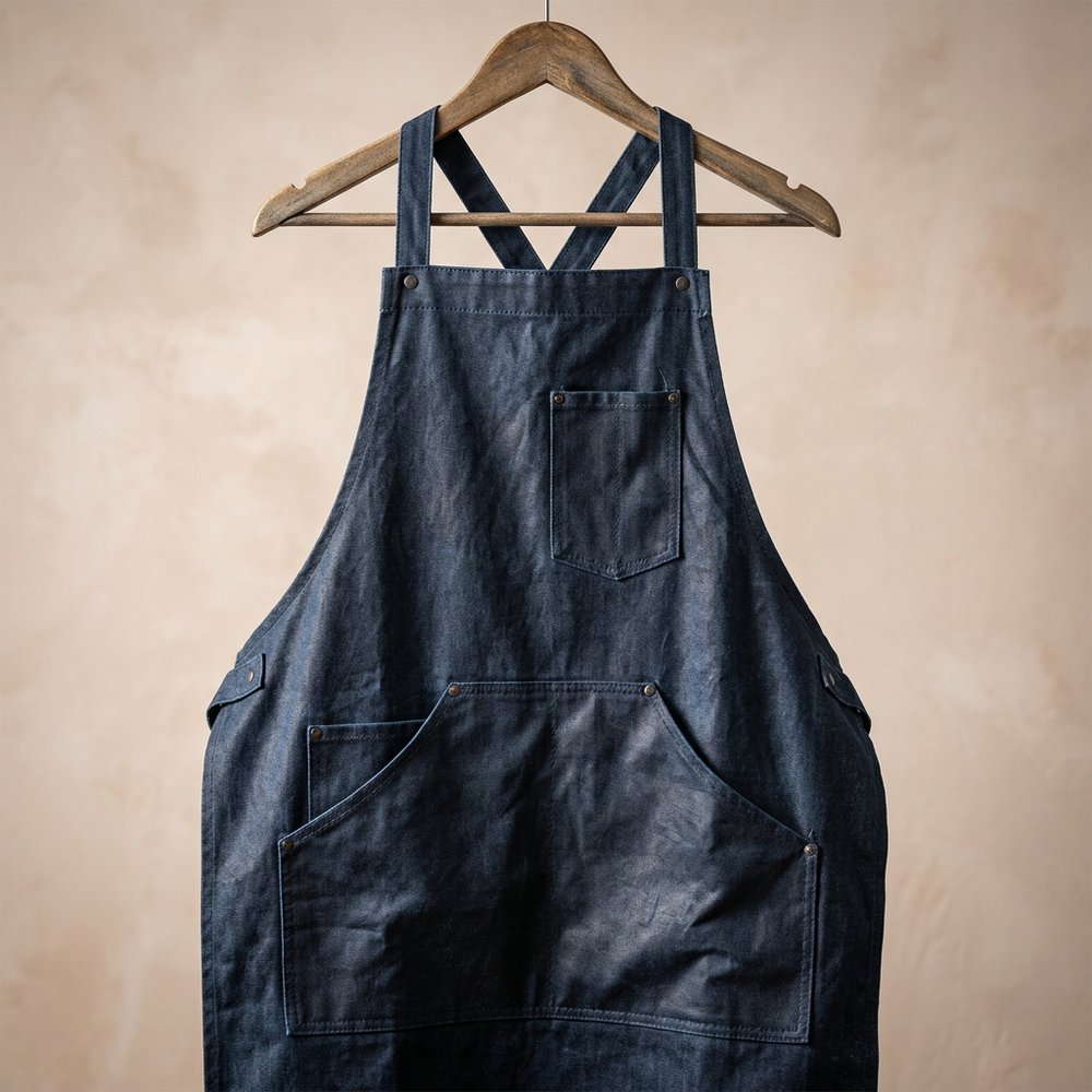 Cross-back waxed denim barber apron